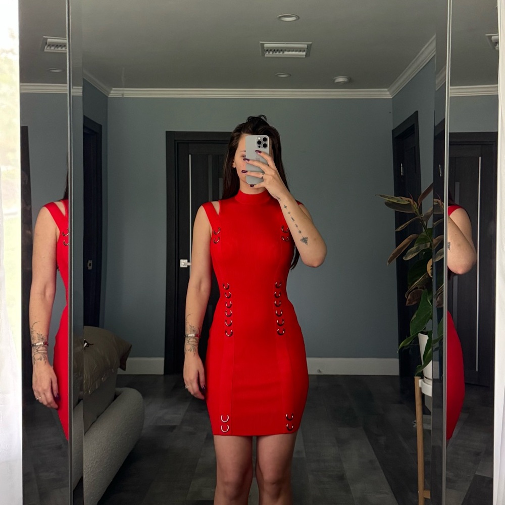 Guess Red Bodycon Mini Dress Mock Neck